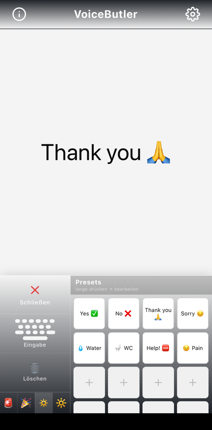 Antwort-Presets: „Thank you“ groß auf dem Bildschirm, darunter die Auswahl mit Yes, No, Thank you, Sorry, Water, WC, Help und Pain.